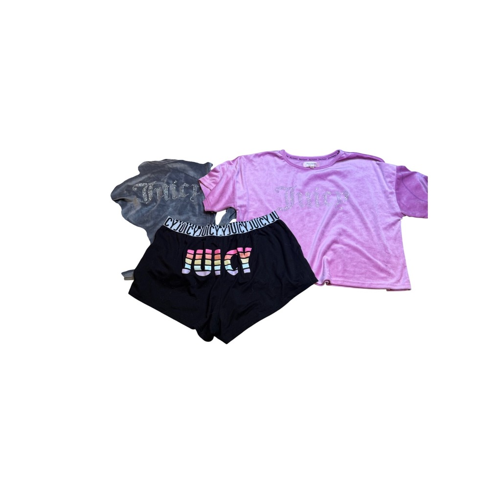 Juicy Couture Velour Top Shorts Sleepwear Set‎ Pink Grey Rhinestone Logo L XL
